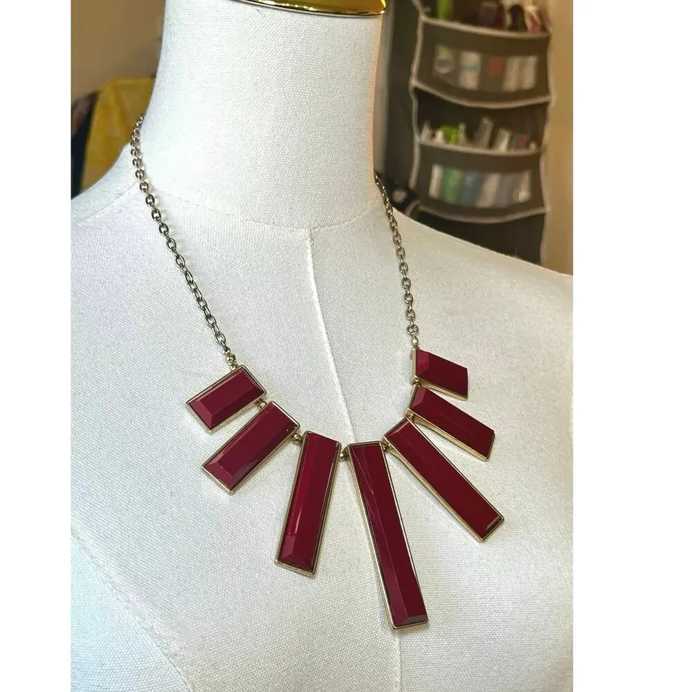 Anthropologie Red Geometric Bib Necklace Gold Tone Vintage